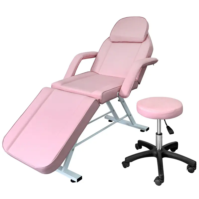 3-Section Adjustable Tattoo Chair with Headrest, Stool, 180° Reclining Backrest, PU Leather, Steel Base, 330 lbs Weight Capacity for Tattoo Artists, Reclined
