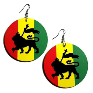 Lion Of Judah Black Red Yellow Green Statement Wood Medium Earrings