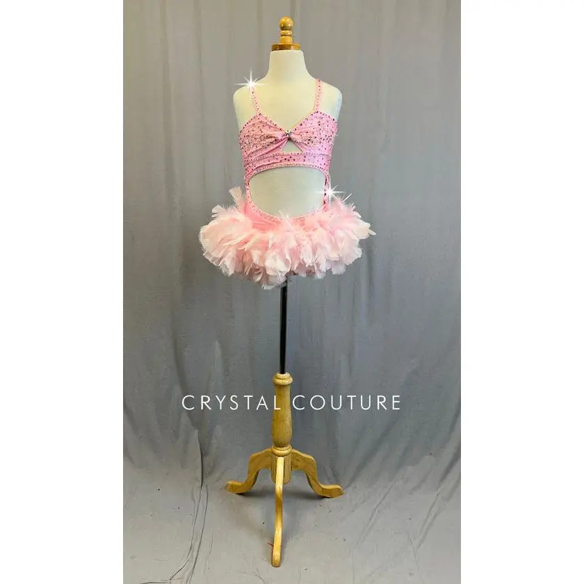 Custom Light Pink Leotard with Cutouts and Feather Skirt - Rhinestones