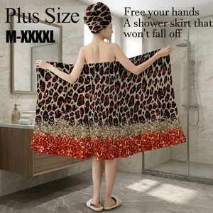2 Pcs Plus Size M-XXXXL Red Leopard Print & Glitter Ombre Bath Wrap Skirt & Hair Towel Set, Non-Slip Adjustable Shower Skirt for Bathroom, Spa, Bachelorette Party, Girls Night