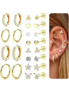 12Pairs Flat Back Earrings for Women Men Hypoallergenic Steel Earrings for Sensitive Ears 14K Gold Hoop Stud Sleeper Earrings Flatback Cartilage Tragus Helix Piercing Earrings Fashion Earrings
