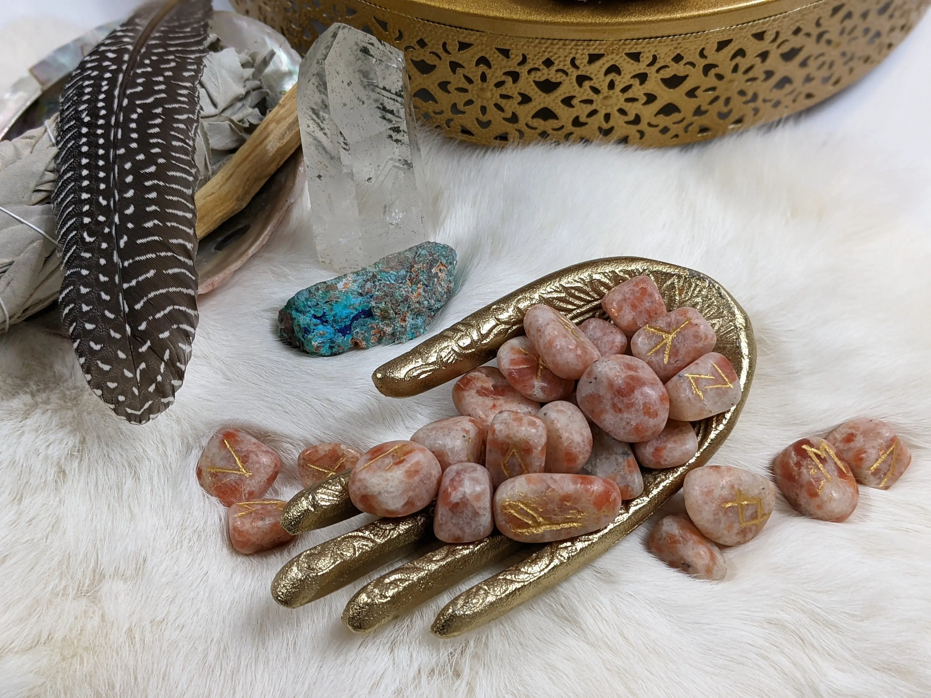 Sunstone Rune Set w/ Storage Pouch Elder Futhark Engraved Complete Set 24 + One Blank Divination Norse Viking Crystal Runestones SUN STONE