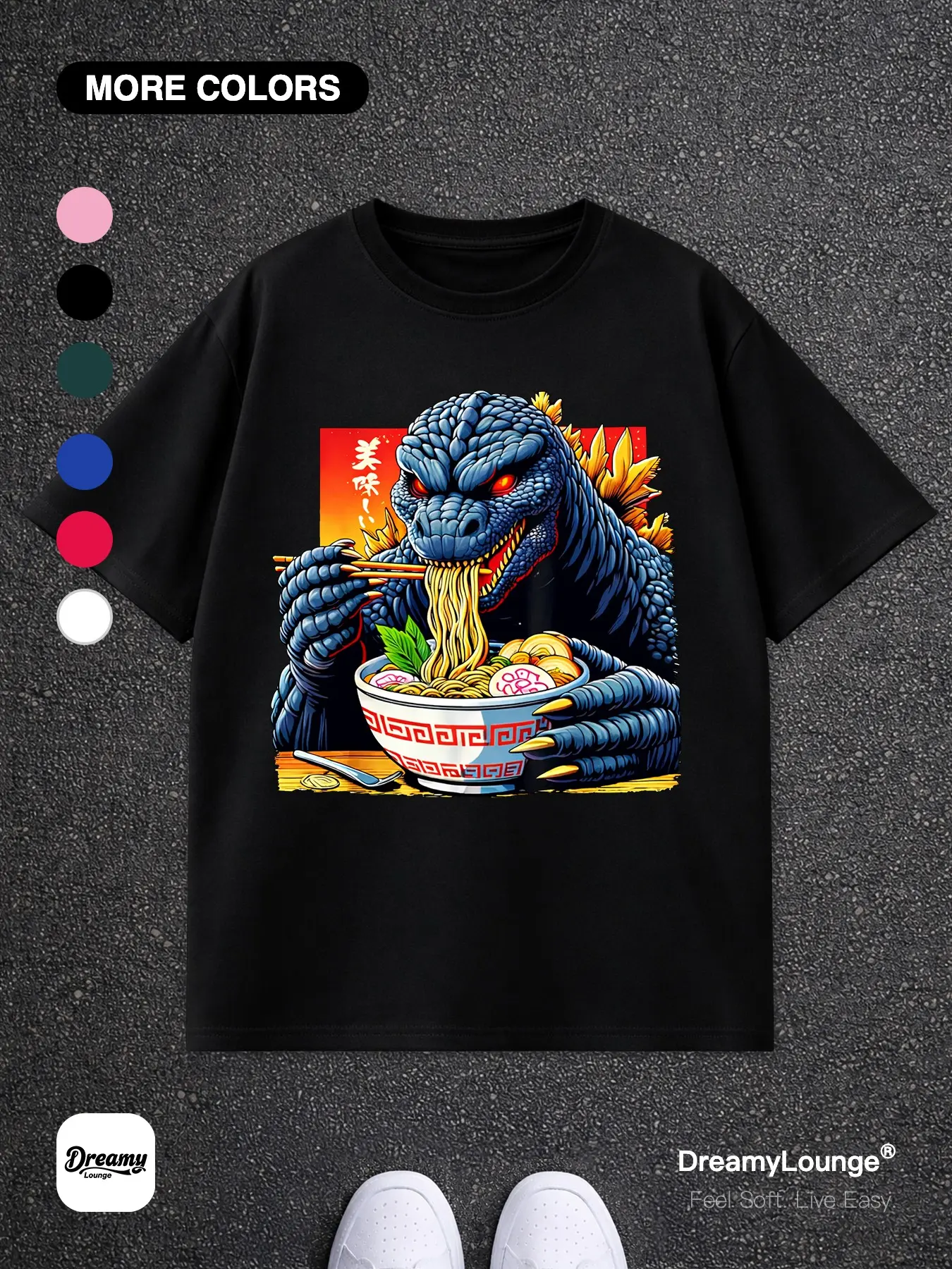 Funny Godzilla Eating Noodles Print Loose Short Sleeve Casual Breathable Home Wear, Comfortible Daily Clothing for Men Women