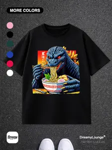 Funny Godzilla Eating Noodles Print Loose Short Sleeve Casual Breathable Home Wear, Comfortible Daily Clothing for Men Women