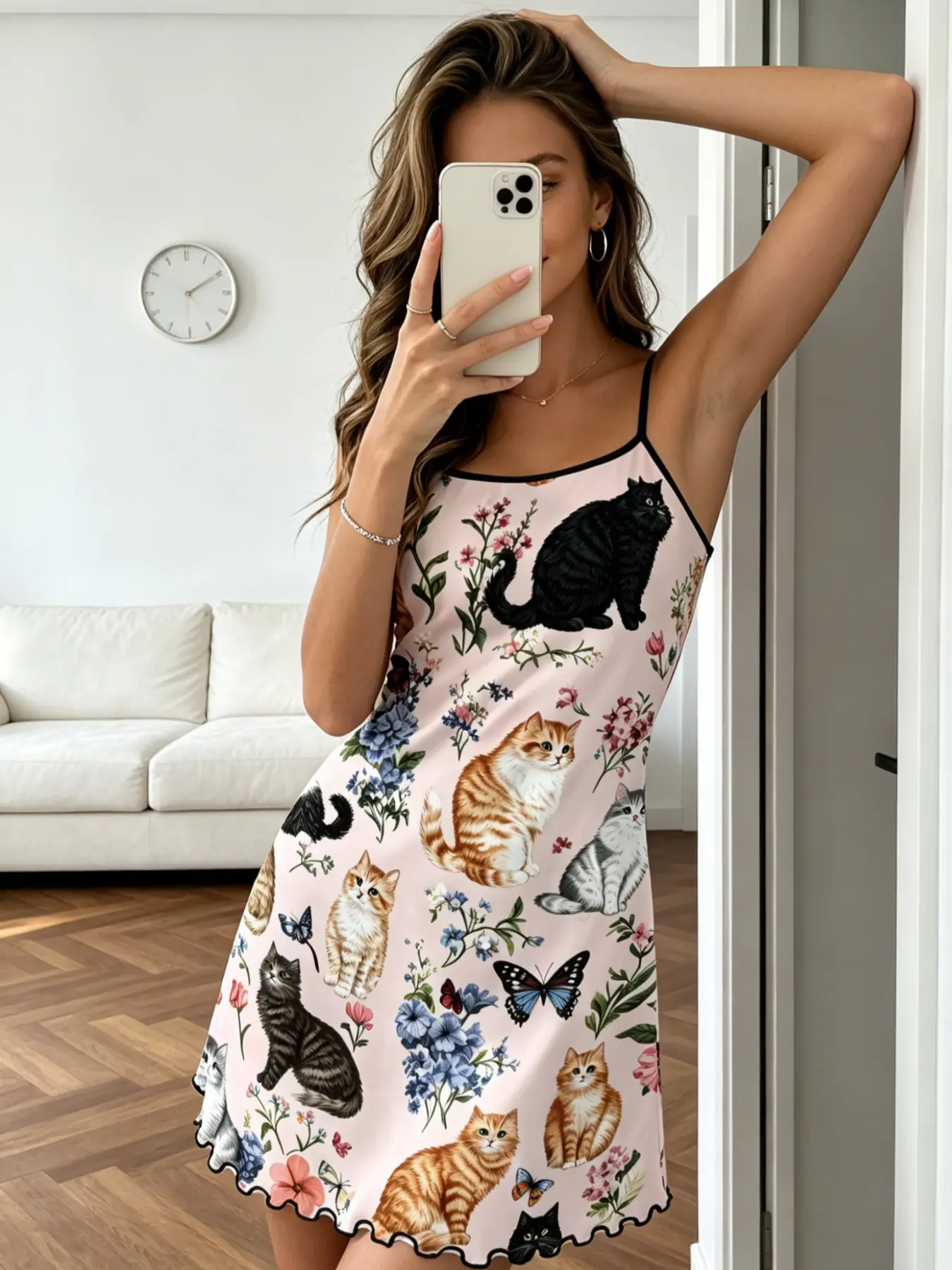 Coquette Cottagecore Pink Cat Floral Butterfly Print Nightgown for Women Cute Adorable Cat Mom Milk Silk Sleep Dress Contrast Trim Cami Loungewear Soft Cozy Summer Night Dress Relaxed Sleepwear Pajamas