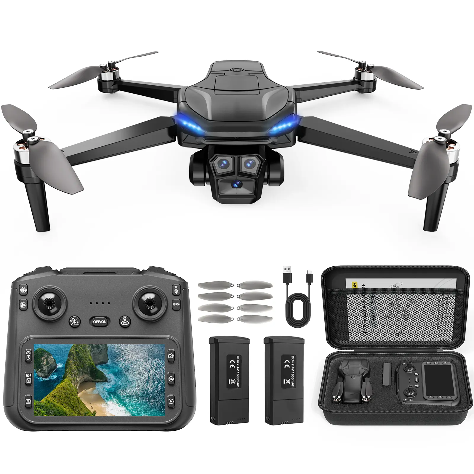 Ueegxuxa GPS Drone with Camera for Adults - 4K Drone with 4.5” FPV Screen Controller, 60 Min Flight, Brushless Motor Foldable Quadcopter, Auto Return, Follow Me, 3 Speed Modes for Beginners - Gift Under 249g