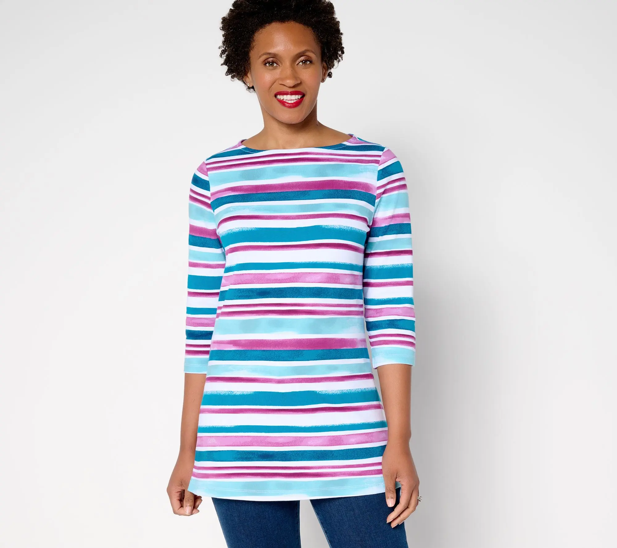 Denim & Co. Petite Perfect Jersey Watercolor Striped Tunic