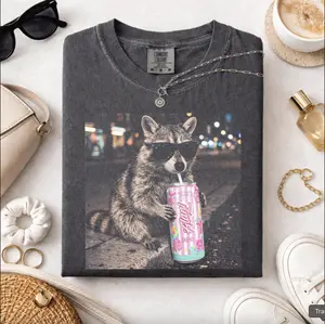 Comfort Colors Raccoon Cotton Candy Drink Alani Graphic Tee, Fun Animal Lover Vintage Raccoons Shirt, Funny Meme Genz Dank Raccoons Gifts