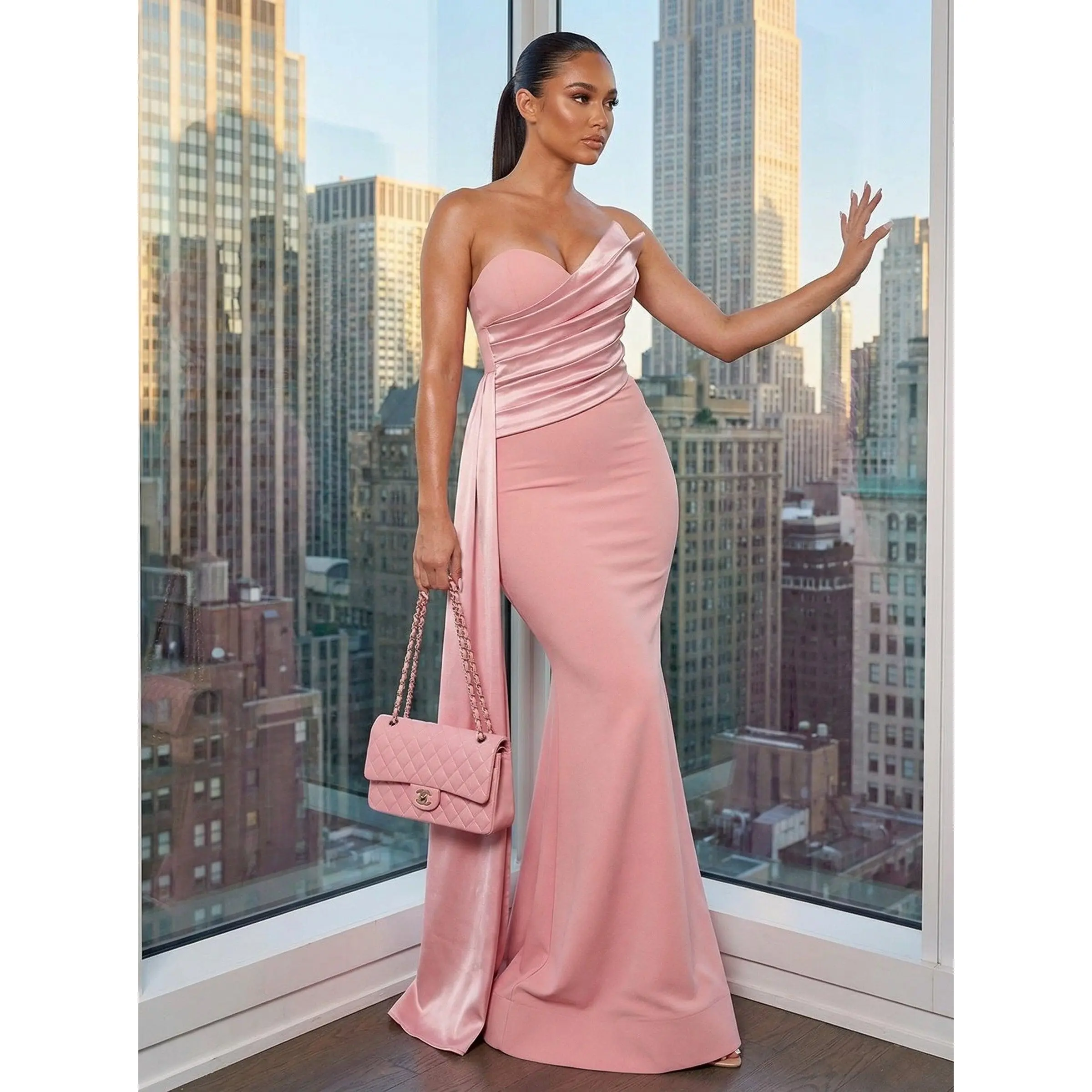 SATIN CONTRAST TECHNO CREPE MERMAID MAXI DRESS (BLUSH)