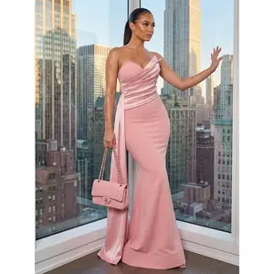 SATIN CONTRAST TECHNO CREPE MERMAID MAXI DRESS (BLUSH)