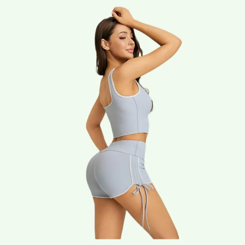 Women's Comfortable & Stylish 2-Pc Sportswear Set - Built-In Chest Pad Vest, High-Waisted Tummy Control Drawstring Shorts, for Yoga/Running (S-2XL)