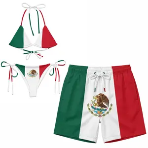 Couples Mexican Flag Swimwear Set, Women’s Bikini and Men’s Beach Shorts for Summer Holidays and Beach Days