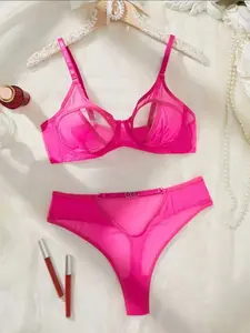 Women's Sexy Transparent Sheer Mesh Lingerie Set, Panties, & Rose Colors Available, Light Thin Fabric, Steel Ring Support, Comfortable Fit, Underwear