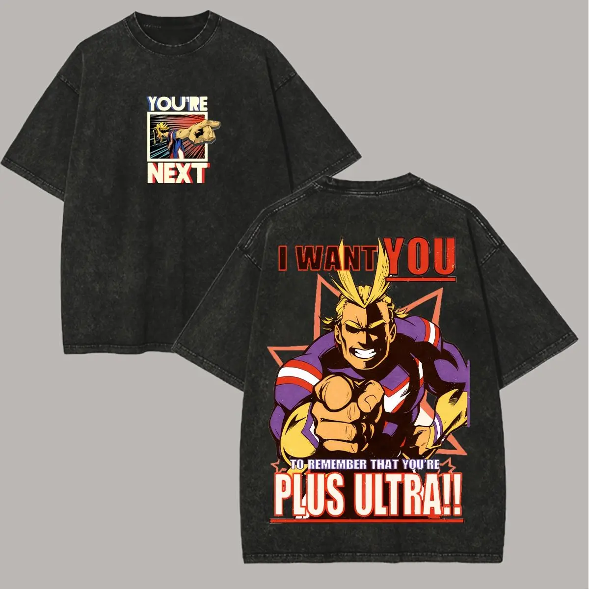 Men's Festive My Hero Academia All Might Printed Vintage Washed Distressed Fitted Round Neck Short-Sleeve T-Shirt - Menswear Casual Streetwear Tops, Sports Clothes, Shortsleeve, Athletic