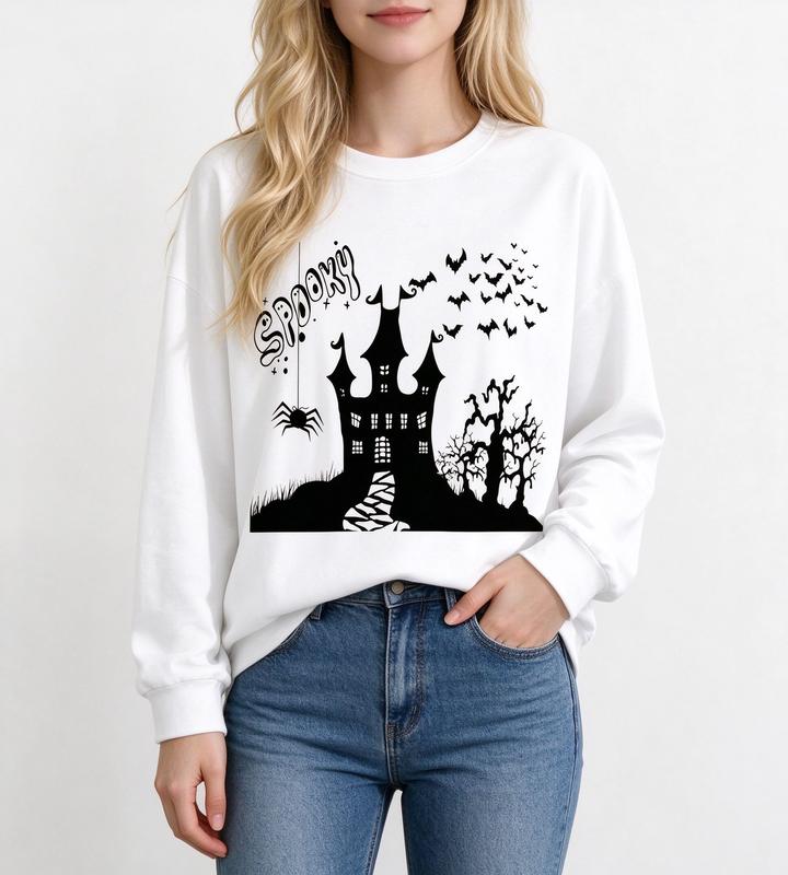 Women's Comfortable Long-Sleeve Oversized Haunted House Sweatshirt - Gothic Castle Bats Garment, Halloween Crewneck, Fall Aesthetic Everyday Piece, Casual Horror Outfit