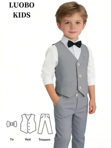 Boys' Gentleman Set, Vest Bow Tie Pants Three-Piece, School Performance Wedding Holiday Formal Wear, Elegant Fitted High Waist, Classic Sets