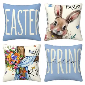 Easter Happy Pillow Set Jesus Resurrection Cross Flower Rabbit Blue Decorative Pillow Welcoming Spring Pillow Set Suitable for Sofa Home Farmhouse Festival Decoration 4-piece Set Double sided Printing