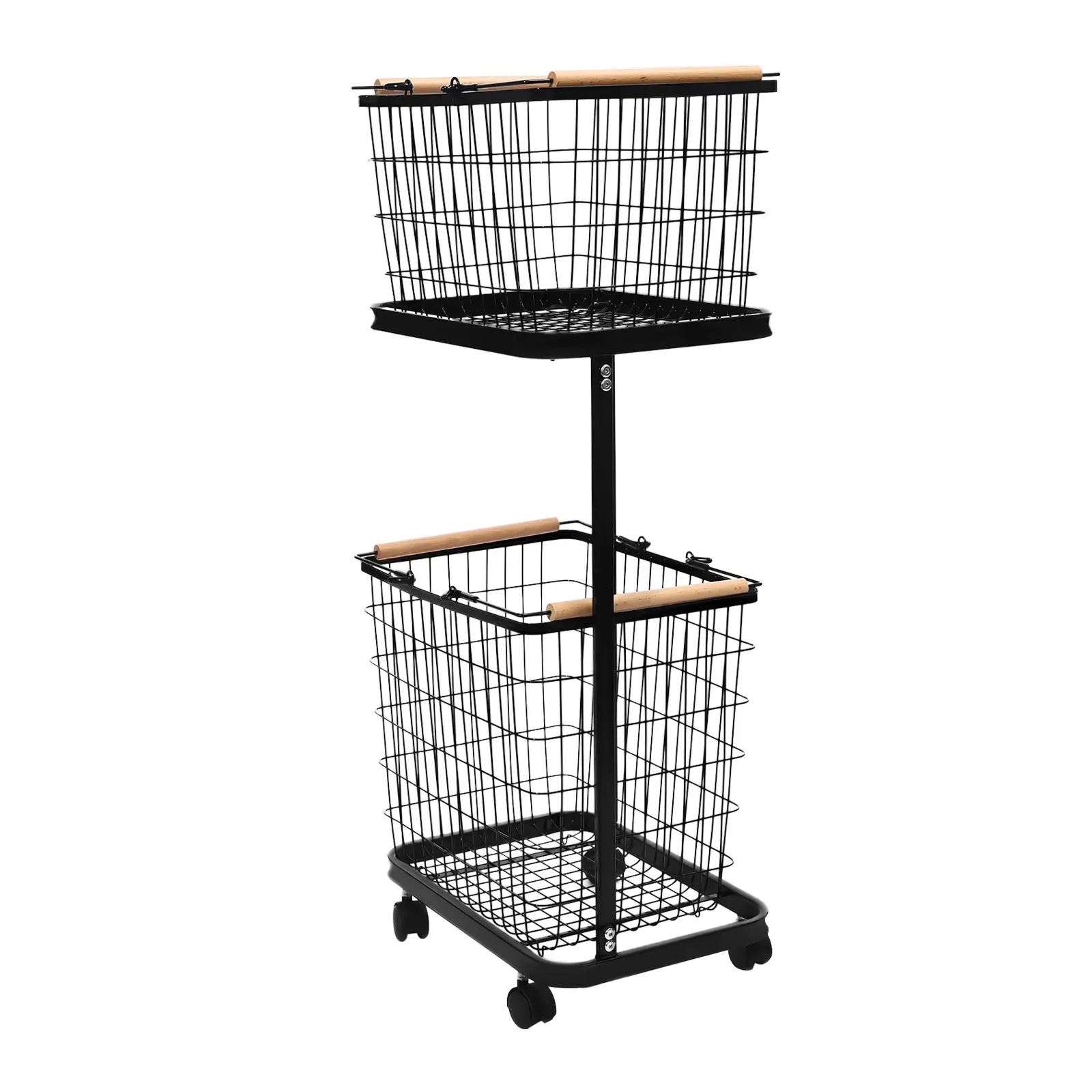 2-Tier Natural Wood Top Rolling Laundry Hamper Organizer with 2 Baskets, Heavy-Duty Black Frame, 40kg Capacity 40 × 29 × 94 Cm Home Storage Cart for Clothes Sorting in Bedroom, Bathroom