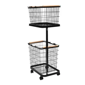2 Tier Rolling Laundry Basket on Wheels Heavy Duty 40kg Capacity Black Iron and Beech Wood Storage Cart for Bedroom Bathroom Laundry Room