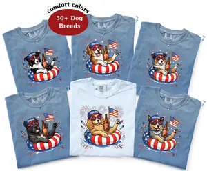 Comfort Colors Patriotic Dogs 4th of July Dog Shirt, 50+ Breeds Available, Custom USA Flag Graphic Tee with Fireworks Design, Trendy Oversized Casual Outfit, Stylish Semiquincentennial America 250 Celebration Gift Top Perfect for Dog Lovers