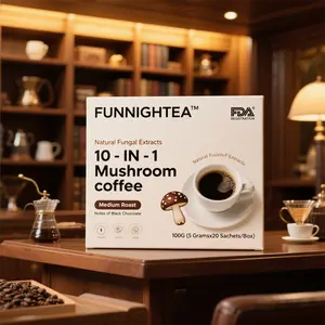 FUNNIGHTEA Instant 10-in-1 Mushroom Coffee Powder - Apricot Shiitake & Lion's Mane Flavors - Medium Roast - 100G (5 Grams x 20 Sachets/Box)