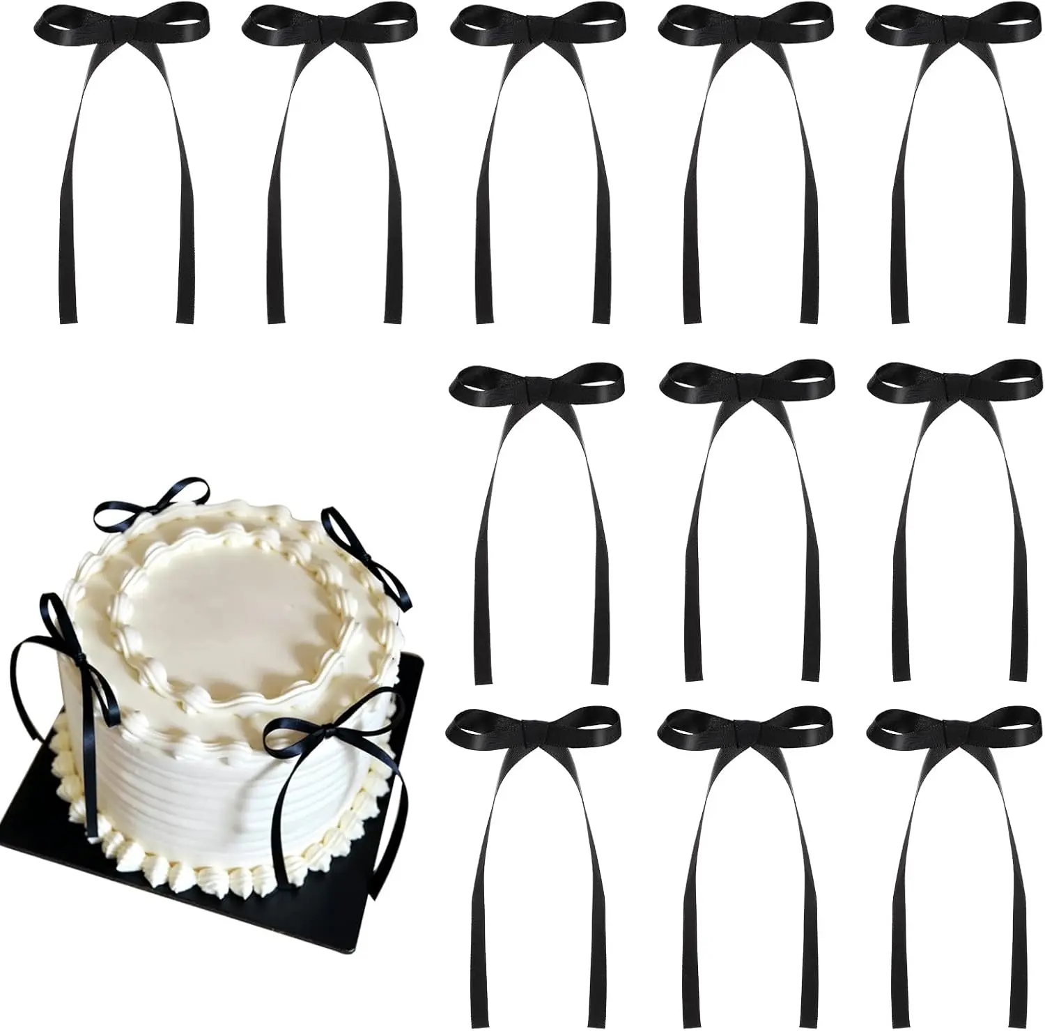 30 Pack Bow Cake Toppers Black Ribbon Bows for Cake Coquette Themed Bow Cupcake Toppers Graduation Decoration Bow Birthday Decorations for Baby Shower, Wedding, Engagement, Bachelorette Party