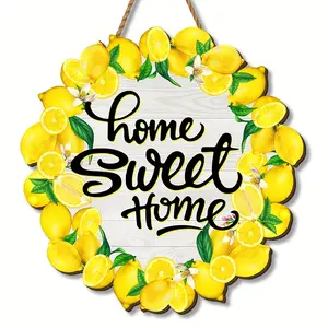 Summer Lemon Wall Decor, Hanging Wall Art, Italian Blue Tile Lemon Decoration with Home Is Sweet Text, Rustic Wood Style, 11.8x11.8 Inch Kitchen Hanging Ornament