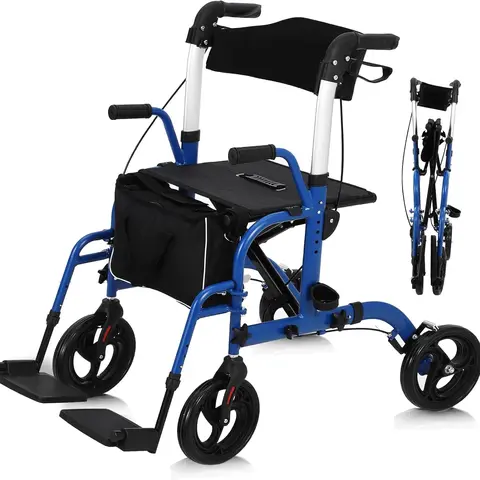 GARVEE All-Terrain 2-in-1 Rollator Walker and Transport Chair with Folding Design, 10-Inch Non-Pneumatic Wheels, Reversible Backrest, and Detachable Footrests for Enhanced Mobility and Comfort