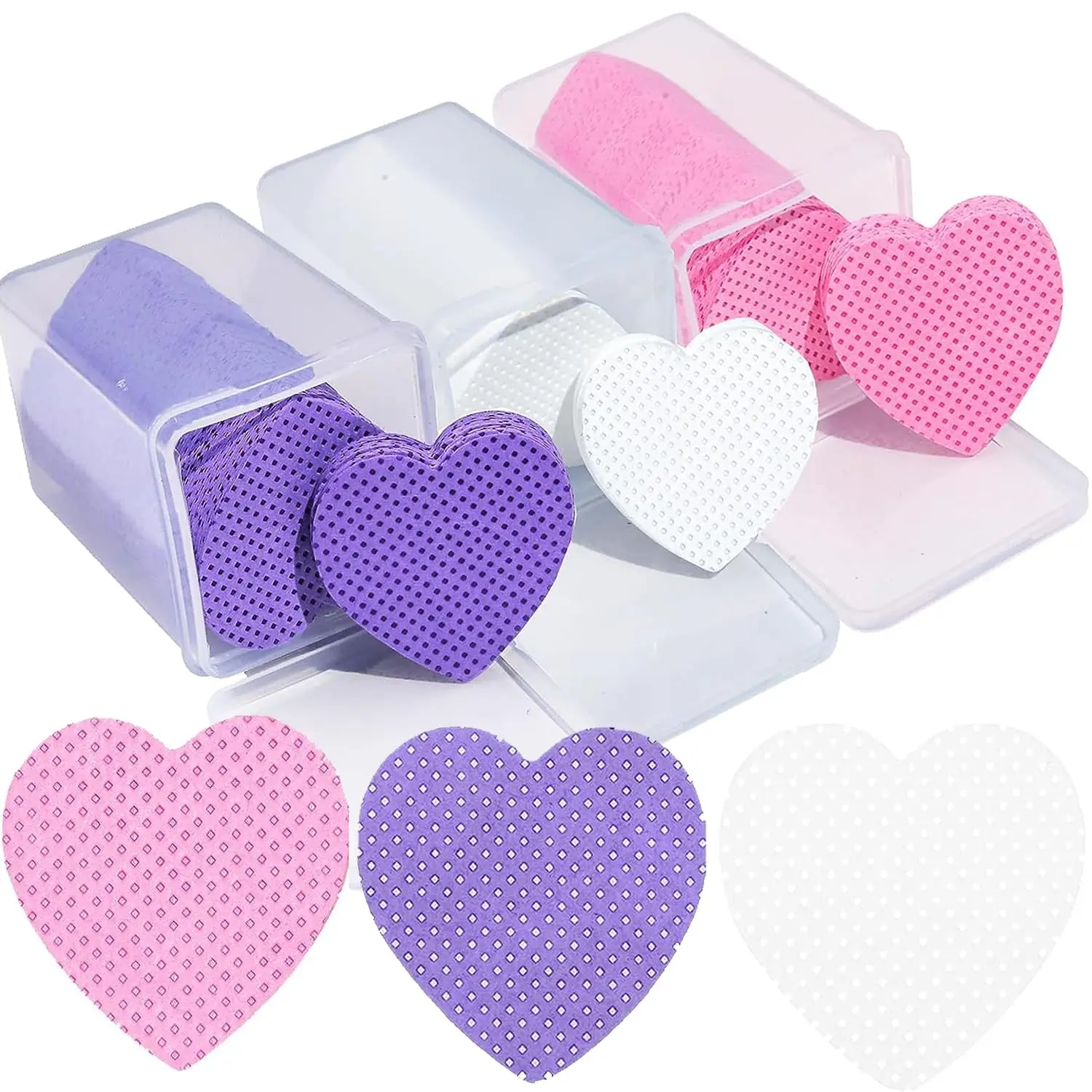 600 Pack Lint Free Heart Shape Nail Wipes, Eyelash Extension Glue Wipes, Soft Non-Woven Eyelash Glue Wipes, Nail Polish Removal Wipes for Eyelash Extensions (White, Pink and Purple)