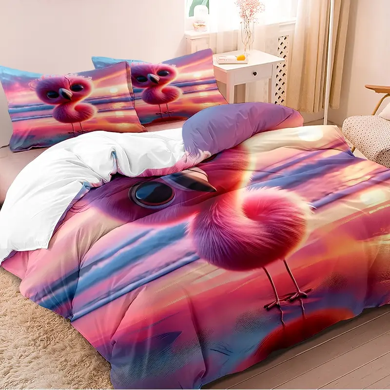 3-piece duvet cover set features a cartoonish, dreamy flamingo pattern using 3D digital printing technology. Suitable for bedroom and guest room bedding (includes 1 duvet cover and 2 pillowcases, duvet insert not included). Machine washable