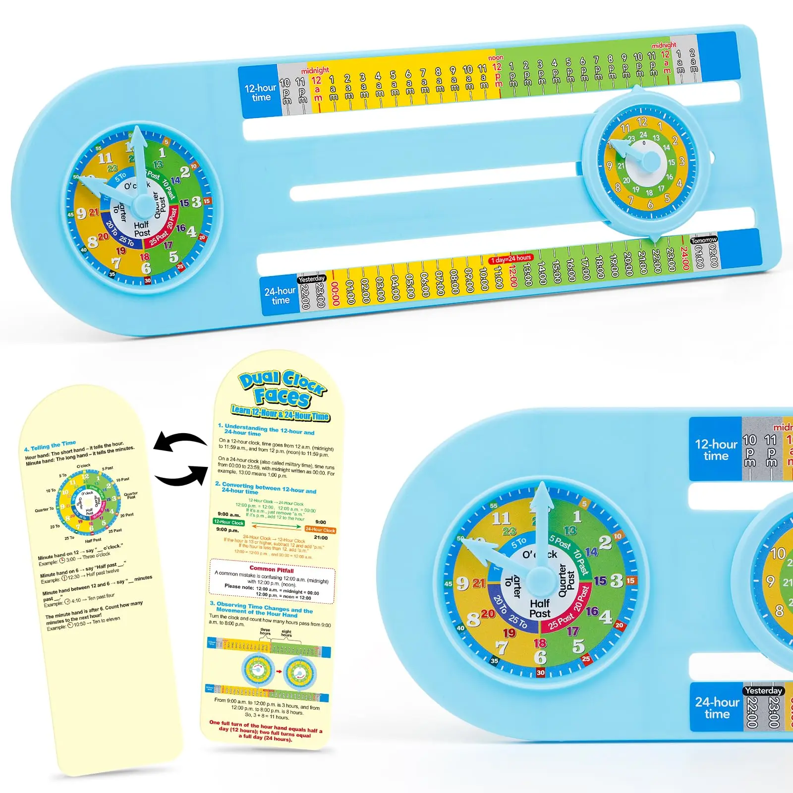 Dual-Faced Teaching Clock for 12/24 Hour Time,24 Hour Analog Clock Learning 1st Grade Classroom Must HavesTeacher Toys, Clock Toys for Classroom&Homeschool Table Math Games