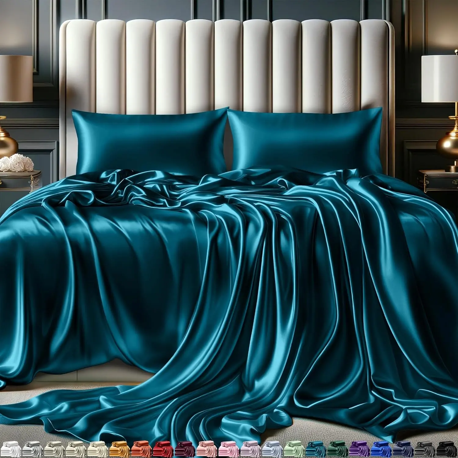 SASTTIE Satin Sheets Set 3/4 Pcs - Luxury Black Bed Set with Smooth and Soft Microfiber with 15inch Deep Pocket - Good for Hair & Skin & Child- Double Stitching, Wrinkle Free