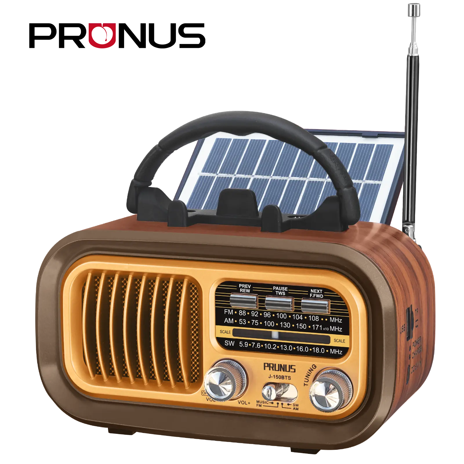 PRUNUS J-150 Portable Radio AM FM SW Bluetooth Speaker,TF Card/USB Playback | Retro Radios Vintage Transistor with Best Sound, Solar/D Battery Operated/USB Charging, TWS