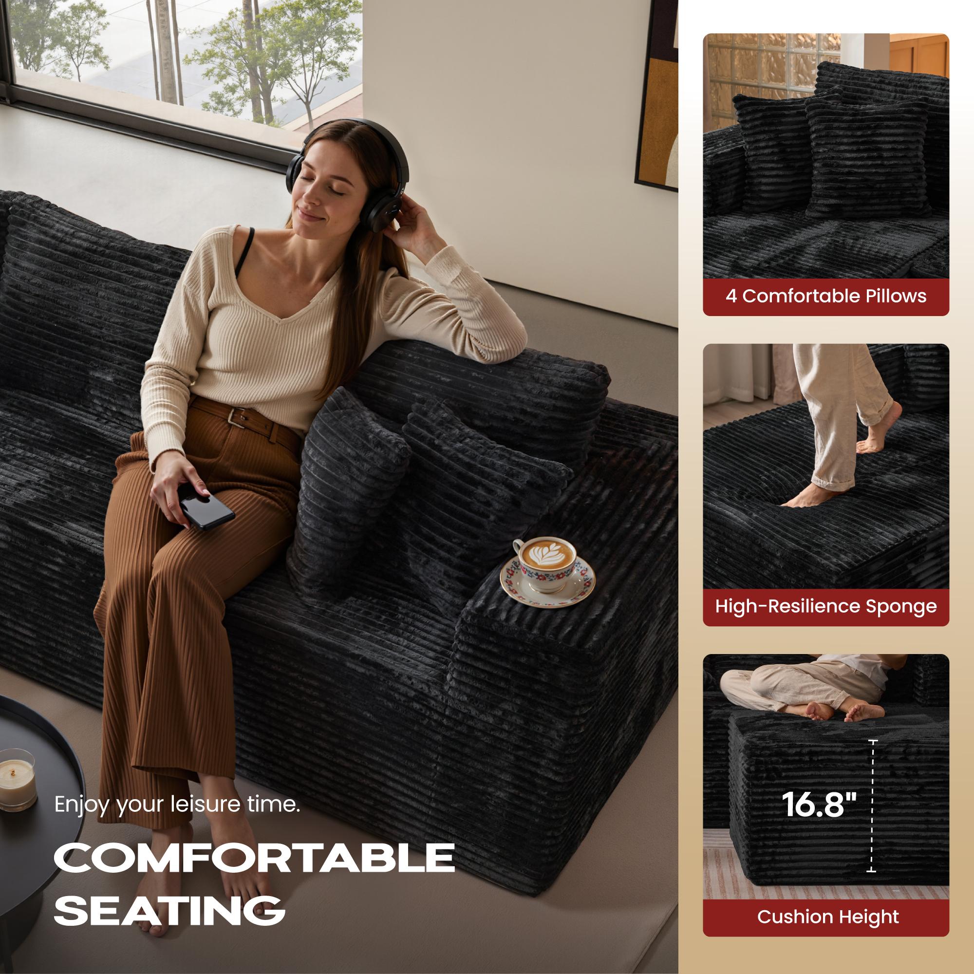 OOSWIFT L/U-shaped Modular Sectional Sofa, Compressed Corduroy Fabric, Modern Style Living Room Sofa Bed, Space-Saving Recliner Design - Convertible Corduroy Sectional Sofa