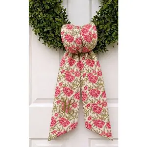 Personalized Floral Wreath Sash, Monogram Door Bow, Spring Front Door Decor, Custom Initial Wreath Bow, Pink Floral Door Hanger