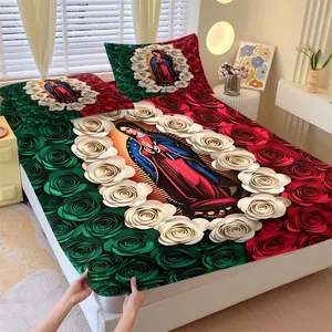 Virgin Mary Fitted Sheet Set, Bed Sheet Set, Includes One Fitted Sheet and Two Pillowcases Without Core, Holy Image Surrounded by 3Roses, Soft Skin-Friendly, Anti-Slip, Wrinkle-Resistant, For Religious & Cultural Enthusiasts or Room Decoration