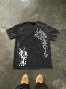 Men's Washed Cotton Short Sleeve Gothic Print T-Shirt, Pure Cotton Tee, Casual Fashion, Comfortable Fit, Perfect for Daily Wear