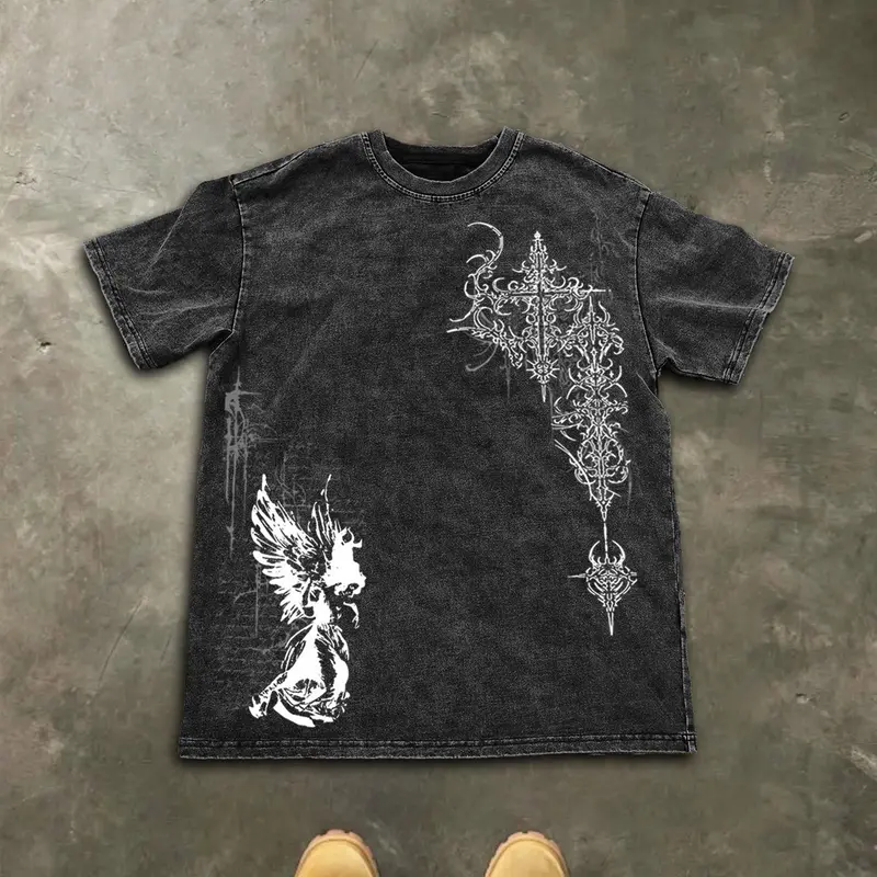 Men's Washed Cotton Short Sleeve Gothic Print T-Shirt, Pure Cotton Tee, Graphic, Casual Fashion, Comfortable Fit, Perfect for Daily Wear, Streetwear