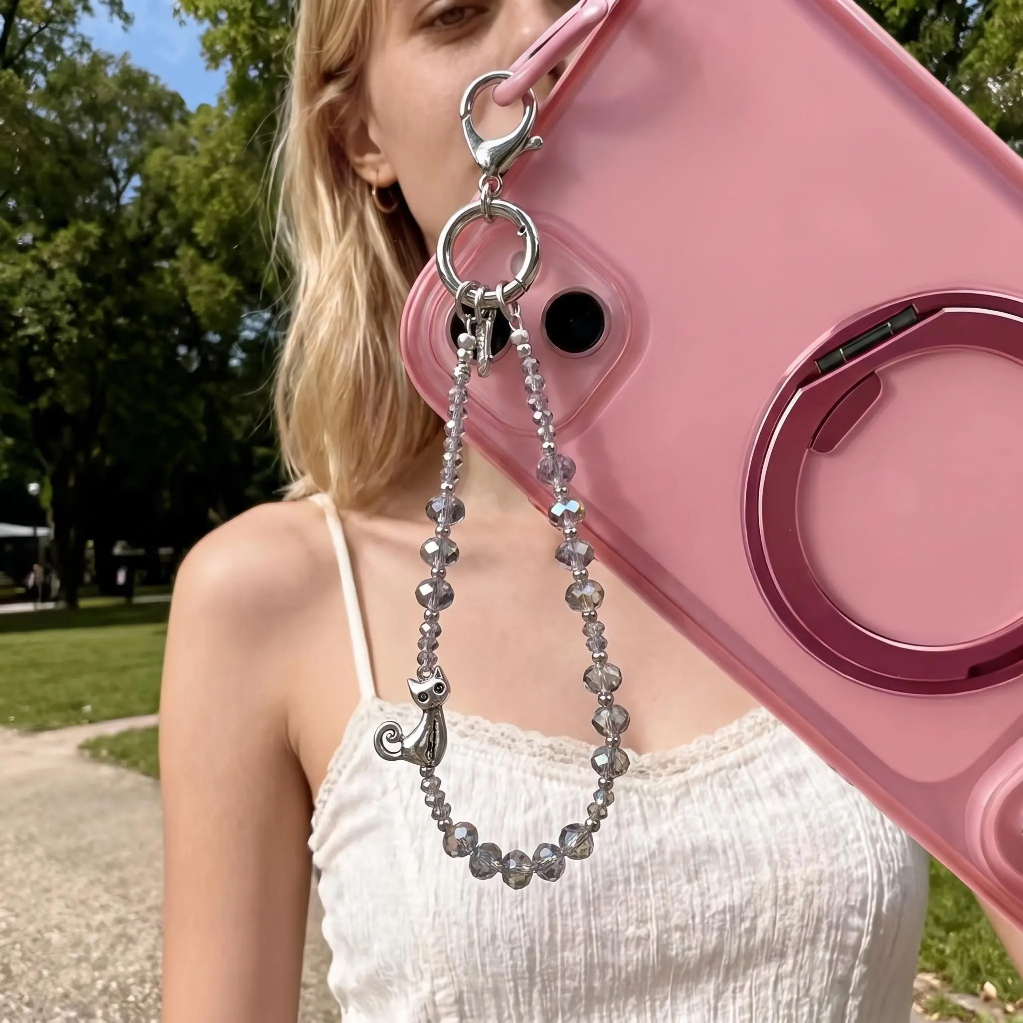 2026 Trendy Clear Iridescent Faceted Crystal Beaded Phone Wrist Strap Silver Ring Lanyard Sparkling Fairycore Aesthetic Portable Daily Carry Hand Strap Sweet Birthday Gift for Her Girl Decorate your phone with this unique glossy accessory