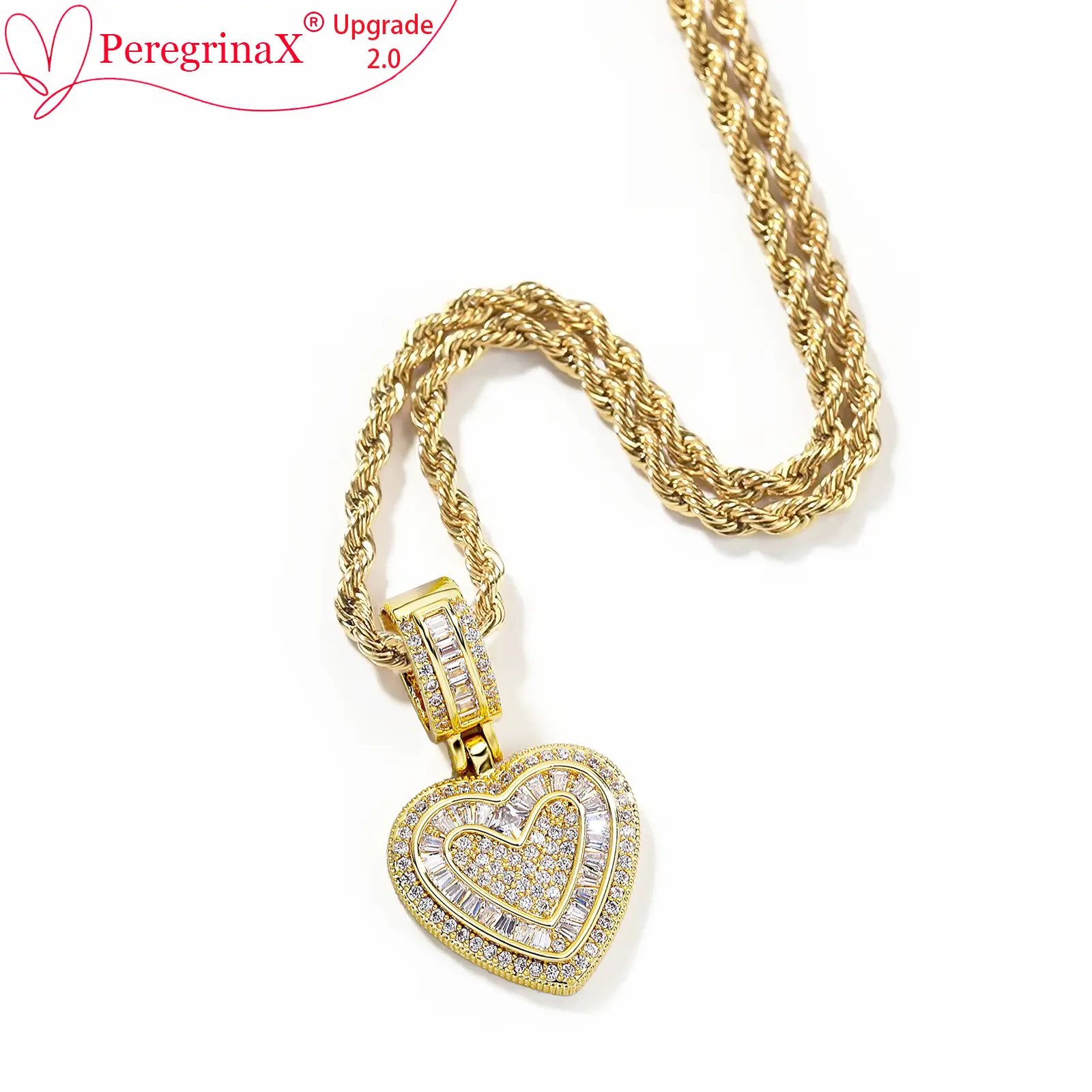 PeregrinaX 14K Real Gold Plated Hip Hop Heart Necklace for Women & Men Cubic Diamond Pendant AAAAA+ Zirconia Love Design Exquisite Gift for Special Occasions