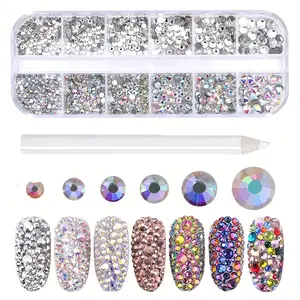 1840pcs/1 Box European and American Style Rhinestone Nail Decoration Large and Small Mixed DIY Flat Bottom Drill Transparent AB Color Nail Drill Set