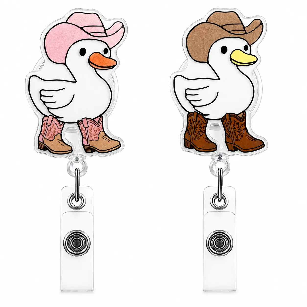 2 pack cowboy & cowgirl duck badge reel set, cute western retractable ID holder bundle with cowboy hats and boots, acrylic work badge set, 2 3 4 inch