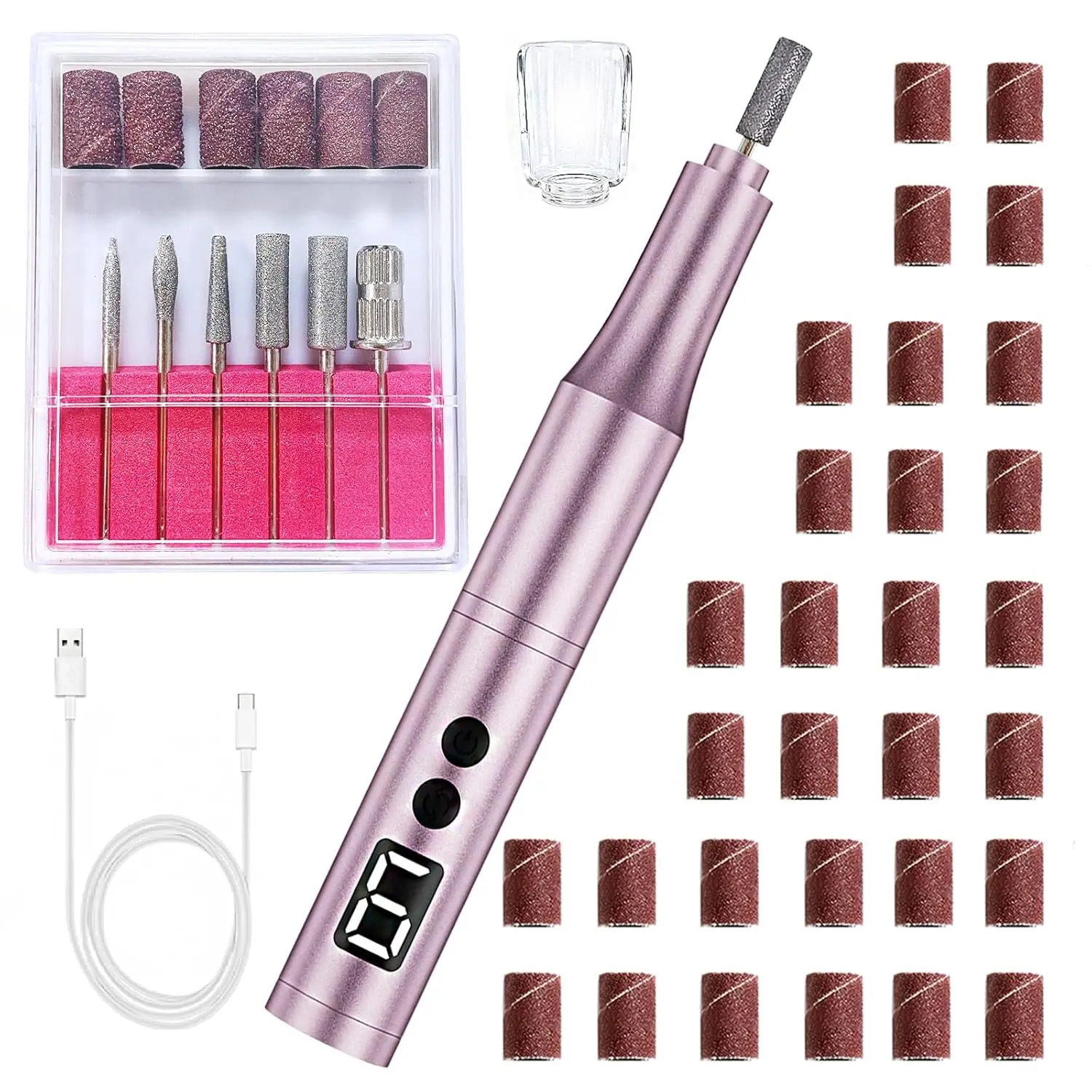 Professional Cordless Nail Drill Kit for Gel & Acrylic Nails, Electric Nail File with 5 Metal Bits, 30 Sanding Bands & Dust Cover - Manicure Pedicure, Callus Removal, Salon & Home Use (Pink)
