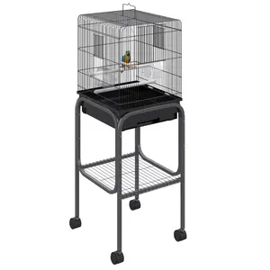 45-in Black Metal Indoor Bird Cage, Spacious Parrot Aviary Flight Cage with Detachable Rolling Stand, Storage Basket, Wooden Swing, Full Accessories, 3 Front Access Doors, Independent Feeding Doors, Slide-Out Cleaning Tray