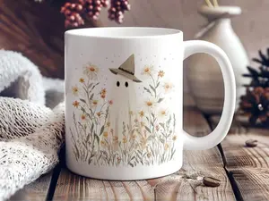 Cute Cottagecore Ghost Coffee Mug, Spooky Witchy Mugs for Ghost Lovers, Halloween Gift Cup, Fall Mugs, Wildflower Ghost Mug