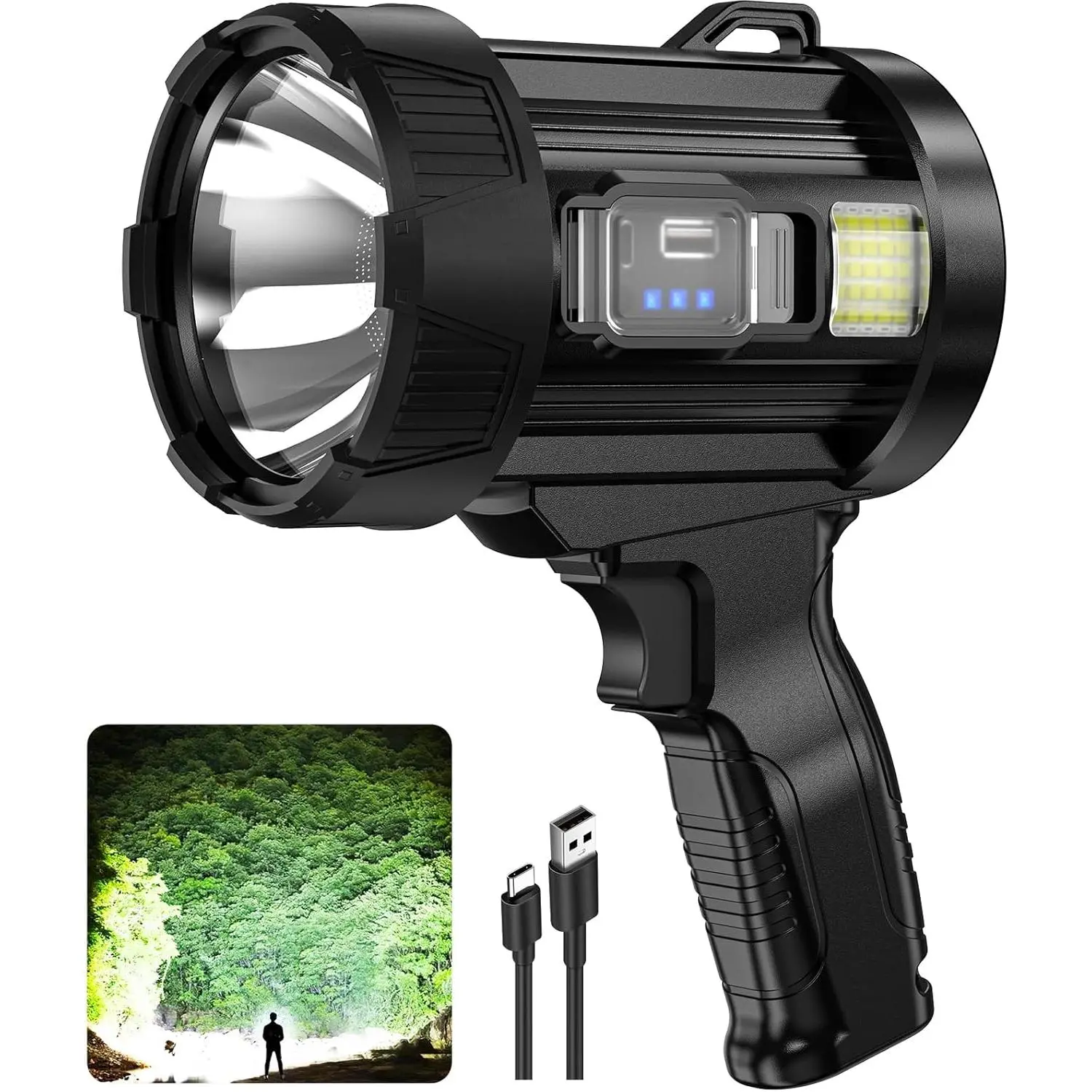 Rechargeable Spotlight, 2,000,000 Lumens Super Bright Handheld Led Flashlight, Outdoor Spot Light with Cob Light and Solar Panelsfor Boating Camping