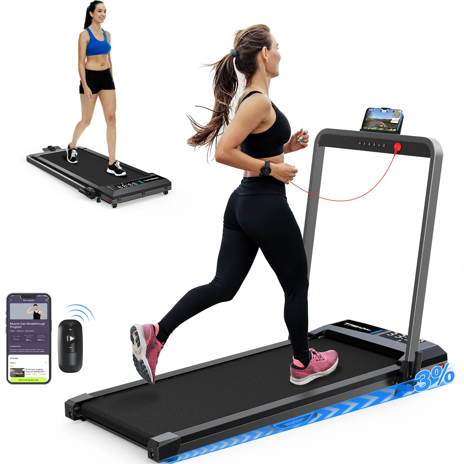 【POPFIT】2 in 1 Folding Walking Pad Treadmill Fitness Machines With 3%-6% Incline treadmil Under Desk  Voice Controlled Smart Treadmill 300LBS Capacity for Home Office 2.5HP With handle Treadmill  Remote Control LED Display