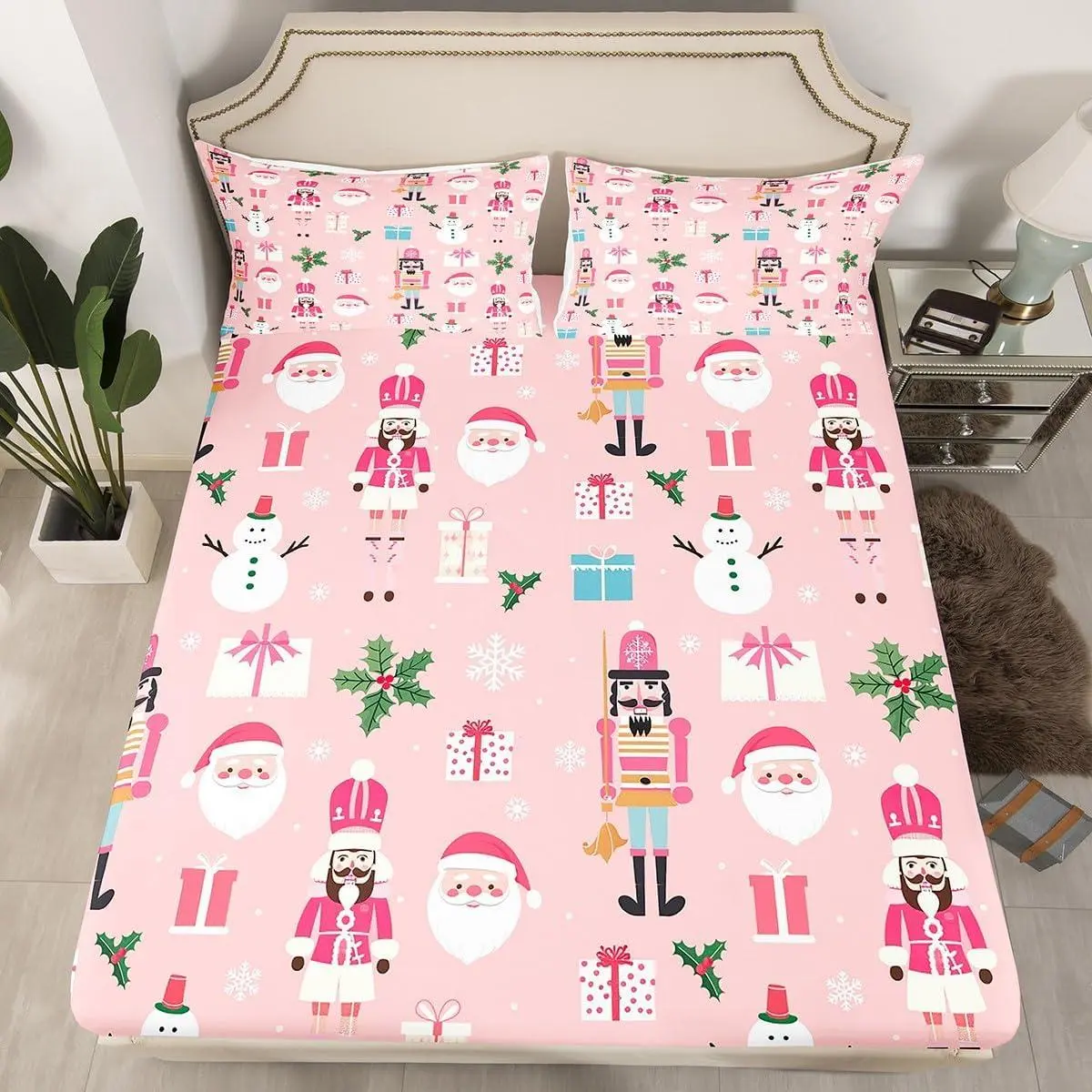 Pink Christmas Nutcracker Decorative Bed Sheets Sets Xmas Cartoon Santa Claus Fitted Sheet New Year Snowman Snowflake Bedding Set Gifts Pink,NO TOP Sheet