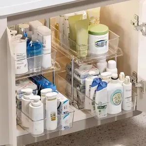 2 Pack Bathroom Organizers and Storage,2-Tier Clear Under Sink and Pull-Out Cabinet Organizer with Track for Kitchen, Pantry,Vanity Countertop,Medicine Cabinet,Closet Drawers Bins