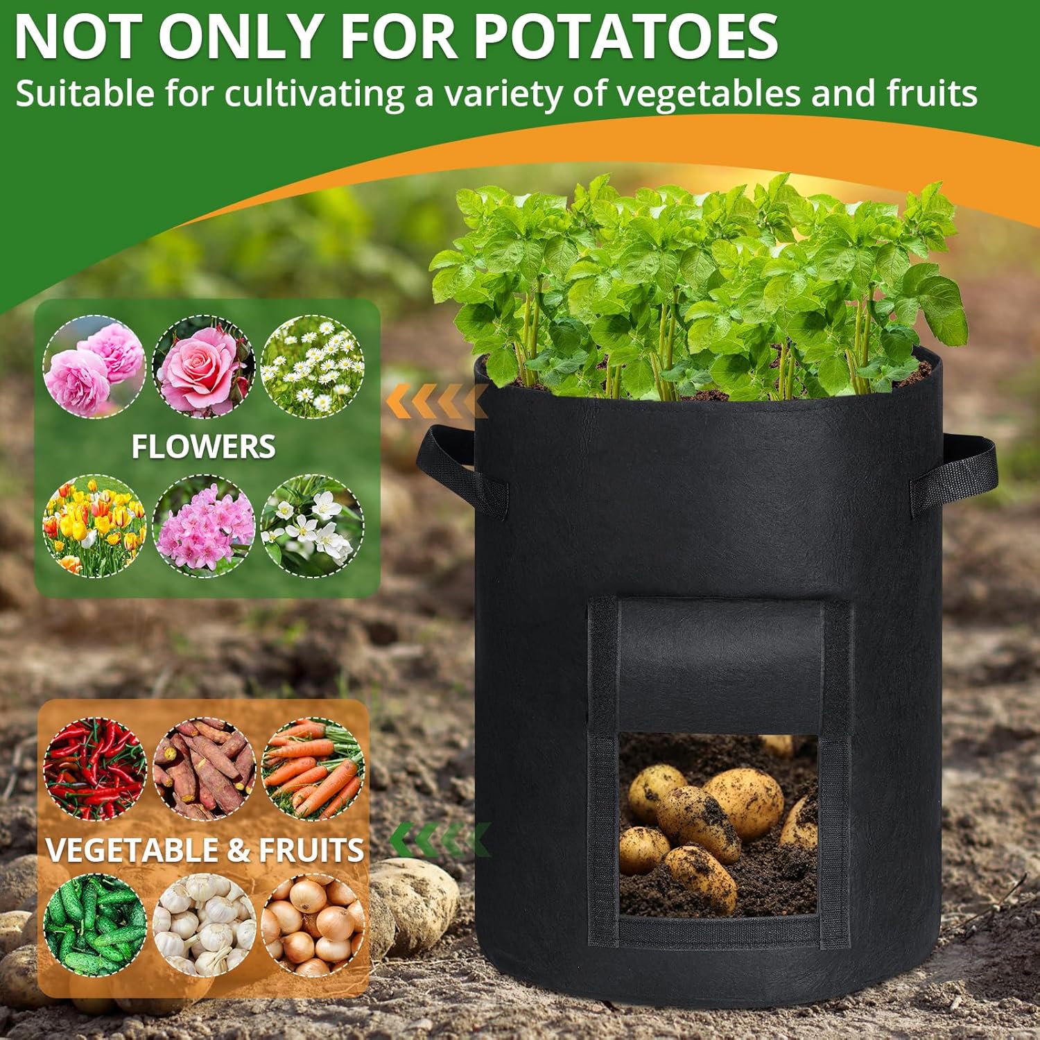 GOTGELIF 6 Pack 10 Gallon Potato Grow Bags with Flap, Thickened Nonwoven Fabric Grow Bags for Growing Potatoes, Carrots, Onion, etc Vegetables, Plants & Fruits - Black magnetic  levitation